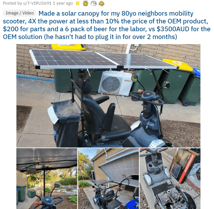 reddit post about a solar powered mobility scooter